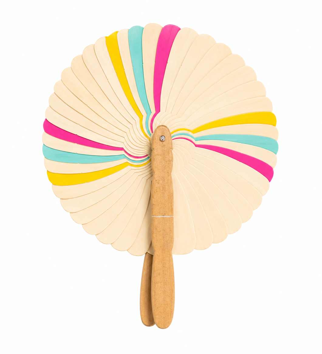 Eventail Kep naturel, rose, jaune et turquoise - THE NICE FLEET