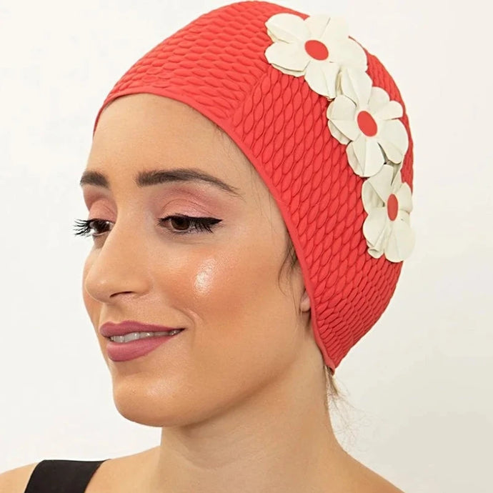 Bonnet de bain rétro rouge à fleurs blanches - KORES