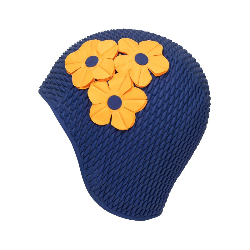 Bonnet de bain rétro à fleurs marine / jaune safran - KORES - THE NICE FLEET